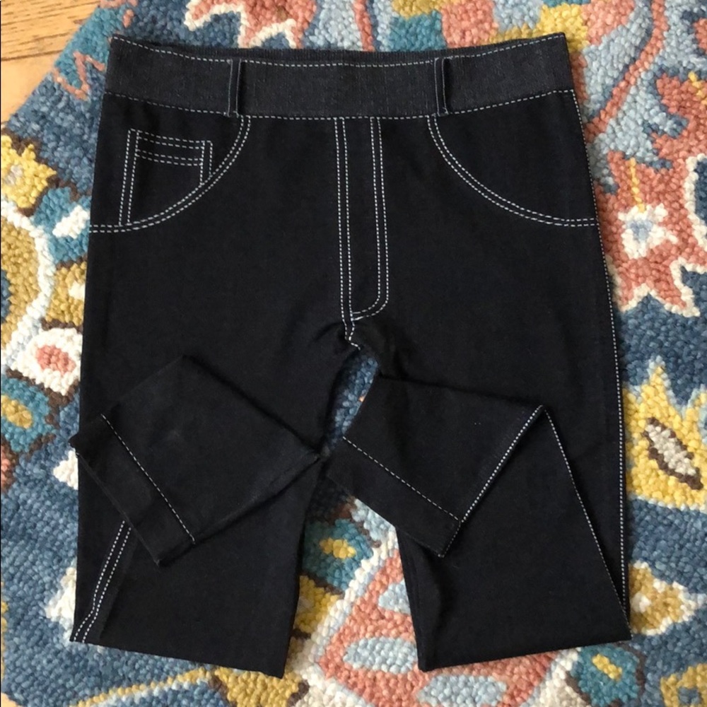 Black faux denim tights/ leggings with belt loops.